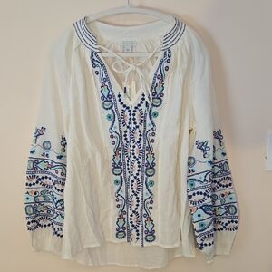 Sundance Wms. SZ SM Cotton Gauze Blouse With Blue Embroidery NWT